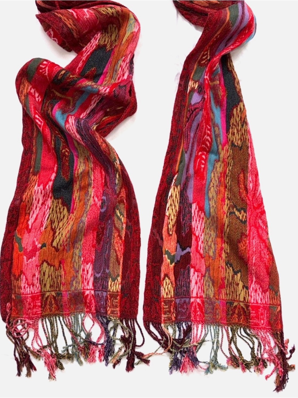 Silk Viscose Fringe Scarf Wrap Shawl Red Multicolor Boho Festival Lightweight - Picture 5 of 8